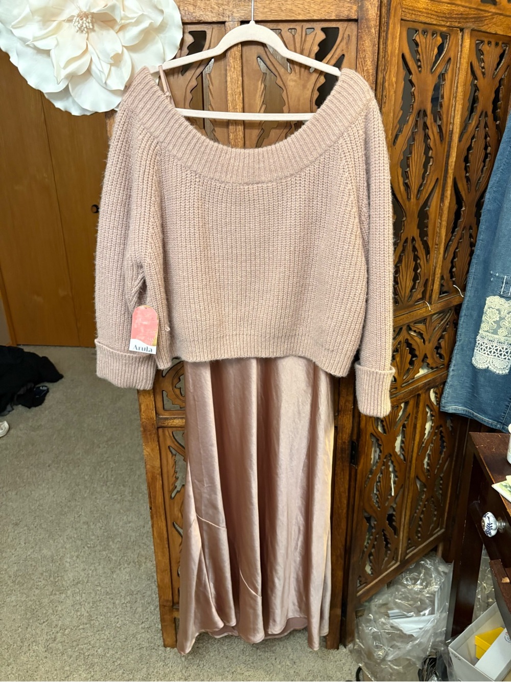 ARULA Dusty Blush Maxi Dress with Sweater